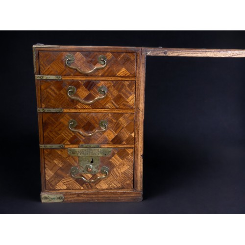 237 - A MEIJI PERIOD JAPANESE TANSU TRAVELING SCHOLARS DESK. TWIN PEDESTALS FITTED WITH DRAWERS. PARQUETRY... 