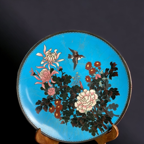 242 - A PAIR OF JAPANESE CLOISONNÉ CHARGERS.
MEIJI PERIOD.
DEPICTING LARGE BLOSSOMING FLOWERS AND A BIRD I... 