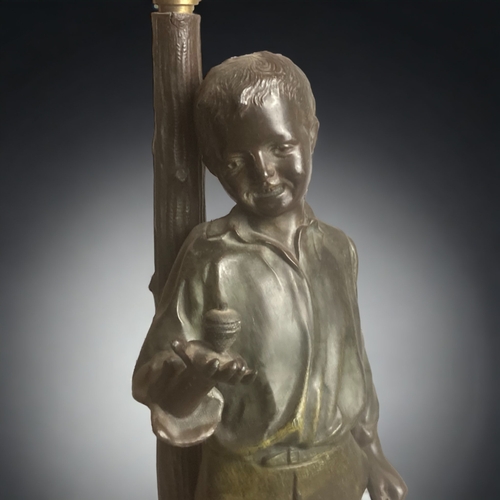 385 - A VICTORIAN CAST METAL TABLE LAMP.
DEPICTING A YOUNG BOY & SPINNING TOP.
LATE 19TH CENTURY. 
(SOLD A... 