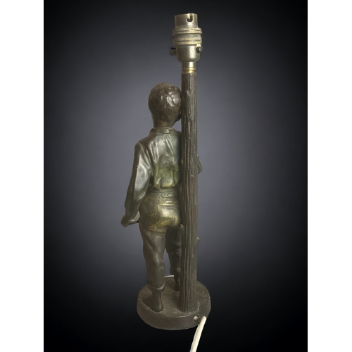 385 - A VICTORIAN CAST METAL TABLE LAMP.
DEPICTING A YOUNG BOY & SPINNING TOP.
LATE 19TH CENTURY. 
(SOLD A... 