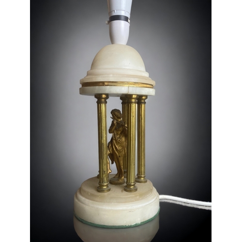 386 - AN ITALIAN GRAND TOUR ALABASTER & GILT METAL TEMPIETO TABLE LAMP. 
36CM TALL (INCL FIXINGS)