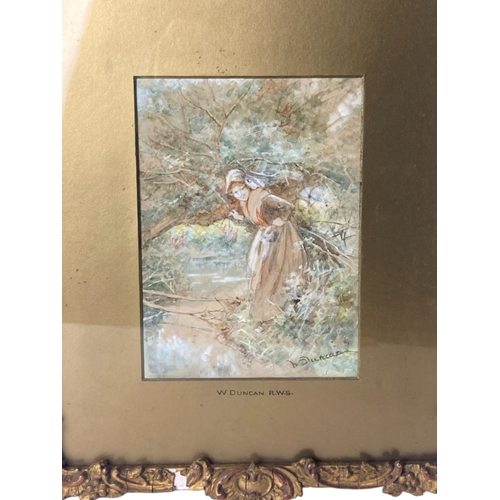 50 - WALTER DUNCAN R.W.S (1848-1932), 'THE HIDING PLACE'. IN GILT GESSO FRAME.
SIGNED.
36 X 29 CM