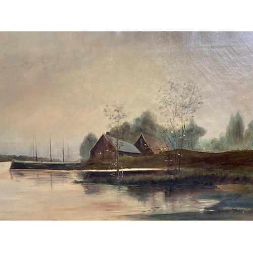 53 - Oil on canvass, depicting a lakeside scene. 
Early 20th-century.
Signed S.W.J, in Gilt frame. 
83 x ... 