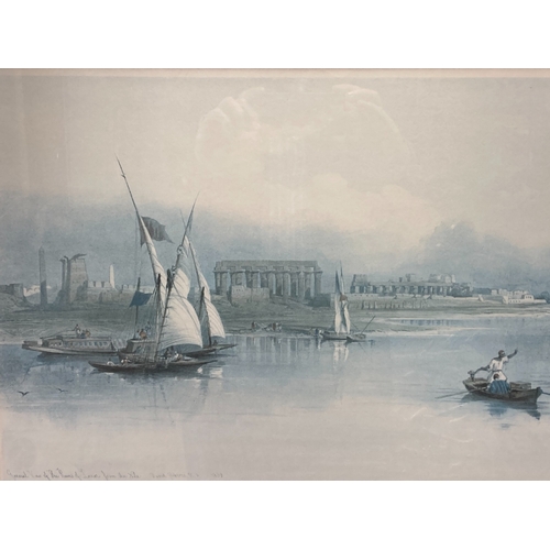 64 - A DAVID ROBERTS COLOUR LITHOGRAPH. 
'GENERAL VIEW OF THE RUINS OF LUXOR FROM THE NILE'
75 X 60CM (IN... 