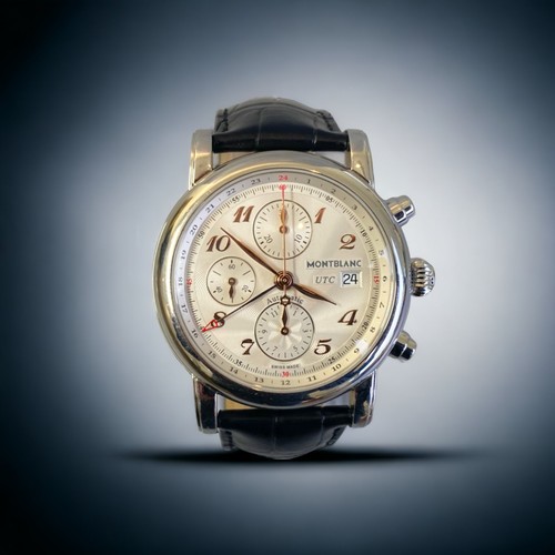 115 - a Mens Montblanc Meisterstuck UTC 7223 Chronograph watch. 
Silver Dial with arabic numerals, with go... 