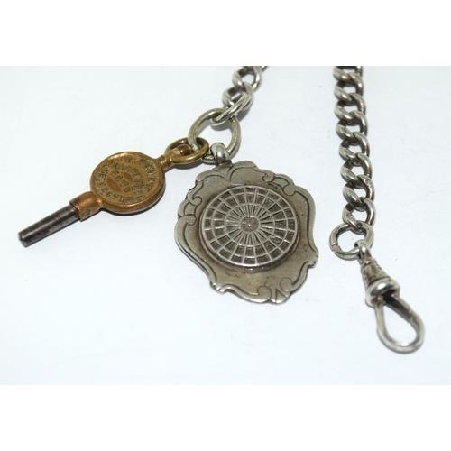 222 - A Silver graduated link Watch Chain with T Bar & Fob. Approx 52 g