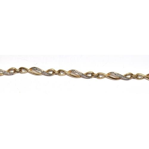 237 - 9ct gold and diamond Celtic style lobster claw bracelet with diamond insert. 7 inches long