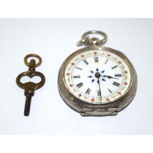 28 - 925 silver fob watch and key with enamel face and roman numerals   ticking when cataloged