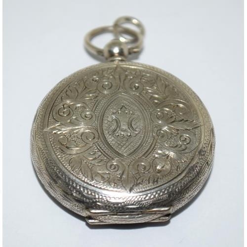 28 - 925 silver fob watch and key with enamel face and roman numerals   ticking when cataloged