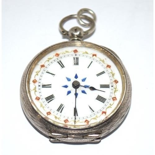 28 - 925 silver fob watch and key with enamel face and roman numerals   ticking when cataloged