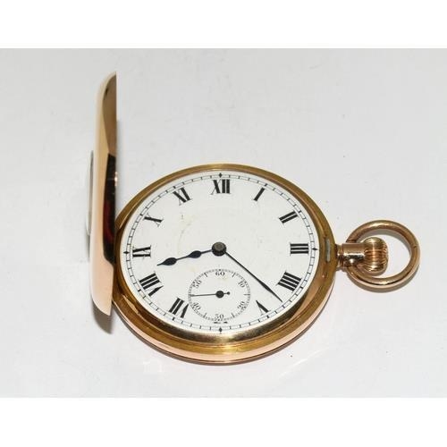 280 - 9ct gold side wind half hunter pocket watch set with enamel face and roman numerals with subsidiary ... 