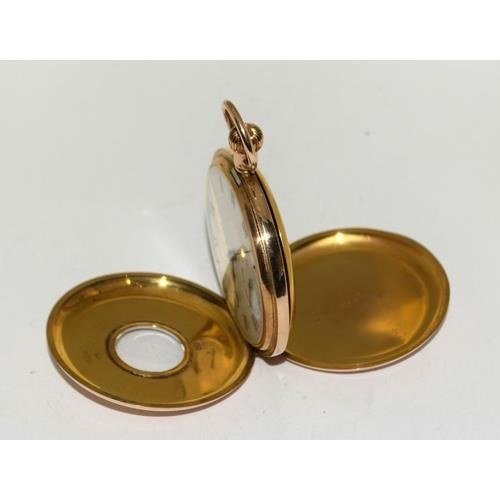 280 - 9ct gold side wind half hunter pocket watch set with enamel face and roman numerals with subsidiary ... 