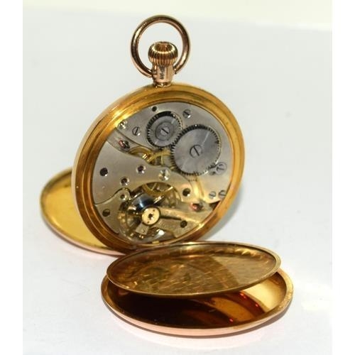 280 - 9ct gold side wind half hunter pocket watch set with enamel face and roman numerals with subsidiary ... 