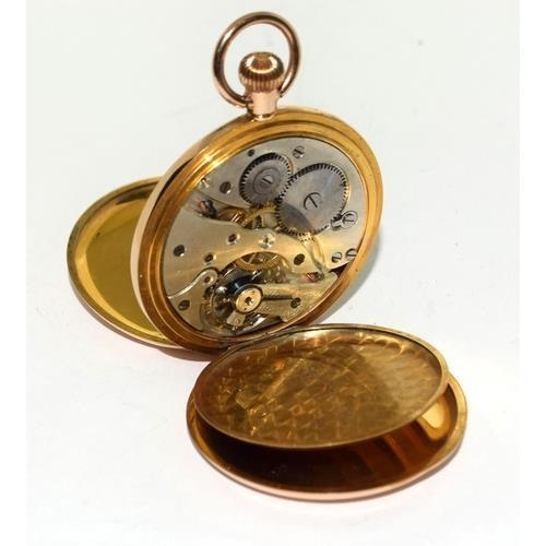 280 - 9ct gold side wind half hunter pocket watch set with enamel face and roman numerals with subsidiary ... 