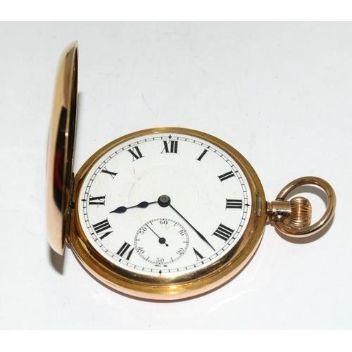 280 - 9ct gold side wind half hunter pocket watch set with enamel face and roman numerals with subsidiary ... 