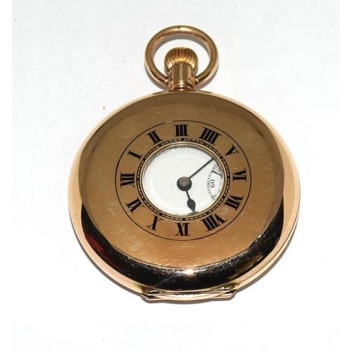 280 - 9ct gold side wind half hunter pocket watch set with enamel face and roman numerals with subsidiary ... 