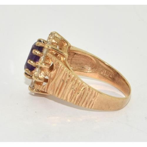 240 - 9ct gold ladies antique set Amethyst ring in the halo style with bark effect shank size M