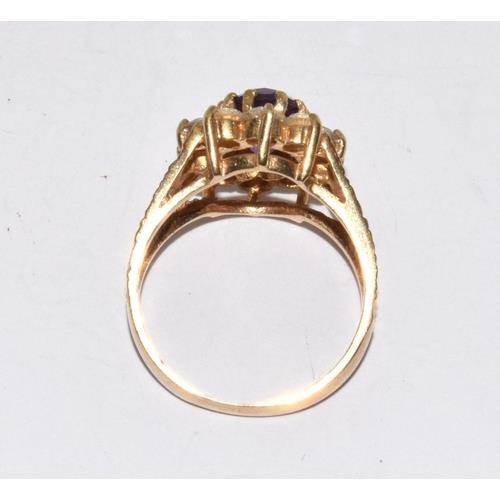 240 - 9ct gold ladies antique set Amethyst ring in the halo style with bark effect shank size M