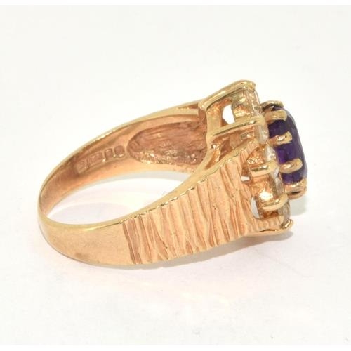 240 - 9ct gold ladies antique set Amethyst ring in the halo style with bark effect shank size M