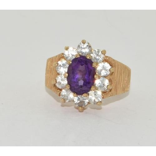 240 - 9ct gold ladies antique set Amethyst ring in the halo style with bark effect shank size M