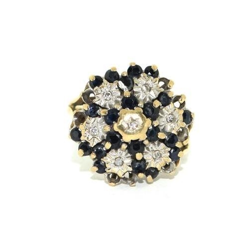 80 - 9ct gold ladies antique set large Diamond and Sapphire cluster ring 4.2g size K