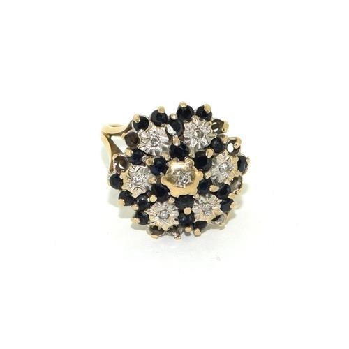 80 - 9ct gold ladies antique set large Diamond and Sapphire cluster ring 4.2g size K