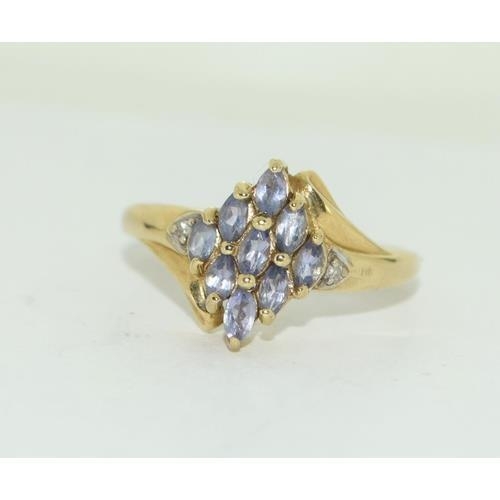 7 - 9ct gold ladies Diamond and Tanzanite lozenge shape ring 3.1g size S