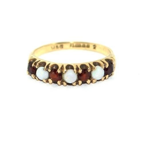 51 - 9ct gold ladies Opal and Garnet half eternity ring set with cabochon opals size N