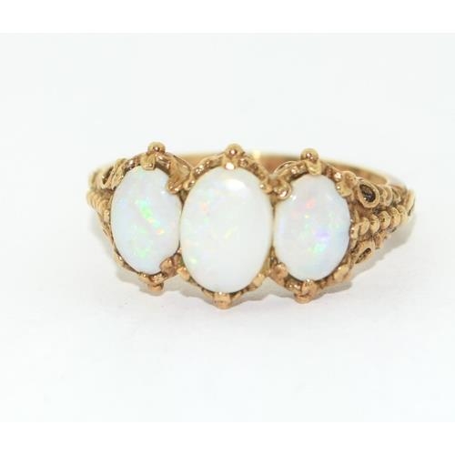 13 - 9ct gold ladies antique Opal trilogy ring in an ornate setting size Q