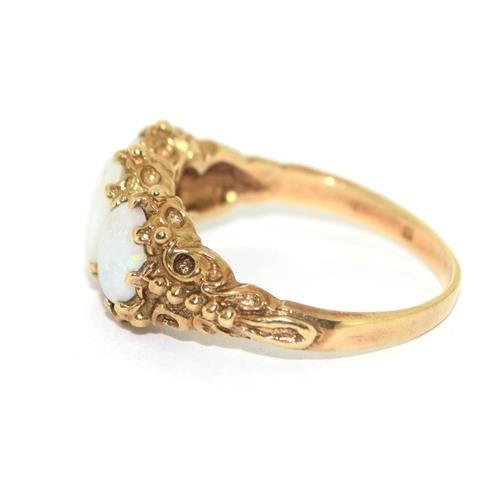 13 - 9ct gold ladies antique Opal trilogy ring in an ornate setting size Q