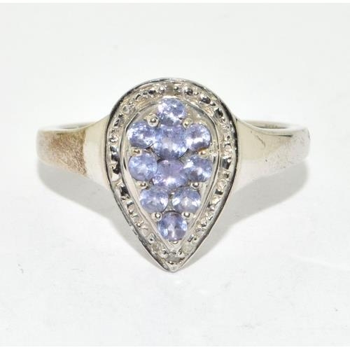 11 - 9ct white gold ladies Tanzanite and diamond teardrop halo cluster ring size P