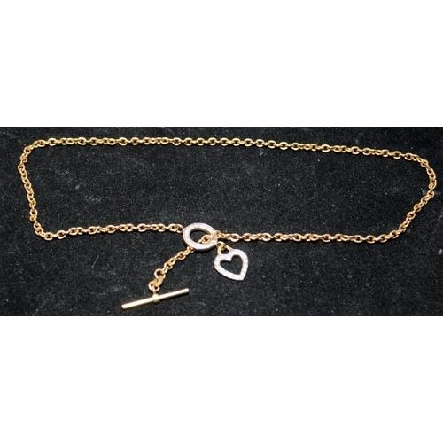 274 - 9ct gold necklace with heart shaped pendant and T bar fixing. O/all length 40cms, 5.7g