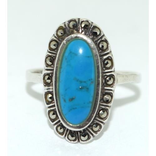 185 - Art Deco Turquoise silver Marcasite  panel ring size R