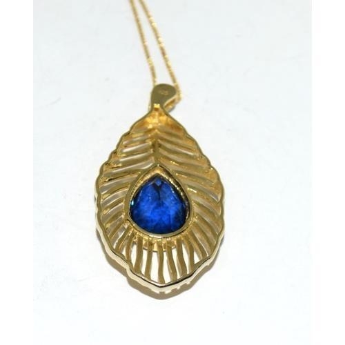 189 - Synthetic sapphire 14ct gold on 925 silver Peacock feather pendant