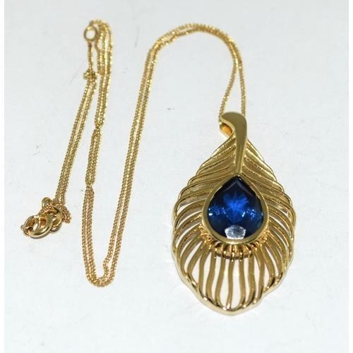 189 - Synthetic sapphire 14ct gold on 925 silver Peacock feather pendant