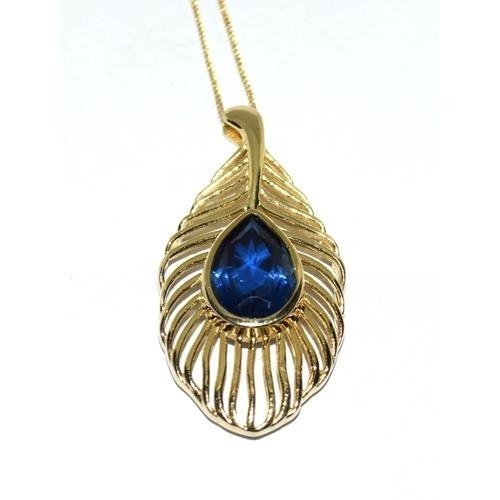 189 - Synthetic sapphire 14ct gold on 925 silver Peacock feather pendant