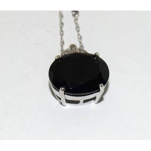 170 - Black quarts Diamond white gold on 925 silver pendant necklace