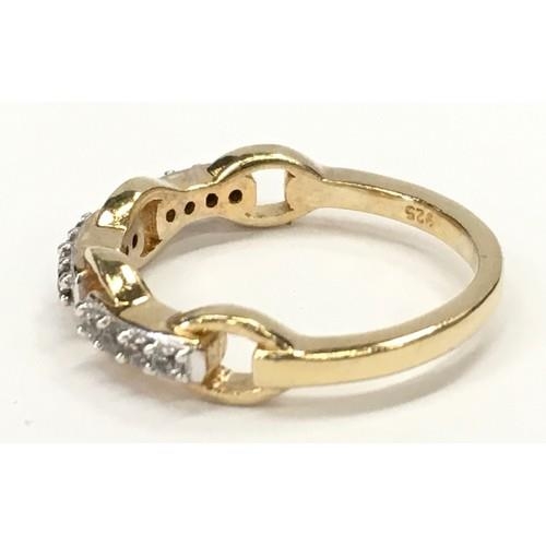 312 - Snaffle link designer cz gold on 925 silver ring size N.