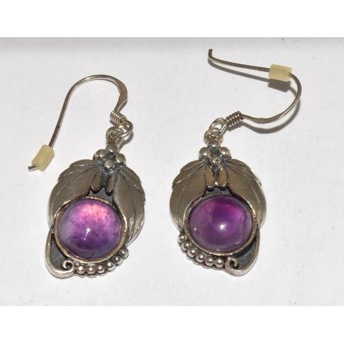 314 - Amethyst Cabochon solid 925 silver grape vine earrings.