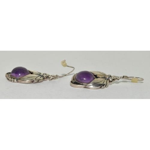 314 - Amethyst Cabochon solid 925 silver grape vine earrings.