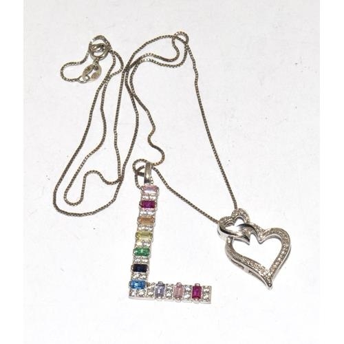 315 - Gemset/Dia w/g on 925 silver love heart pendants