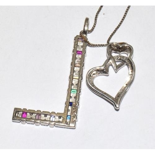 315 - Gemset/Dia w/g on 925 silver love heart pendants