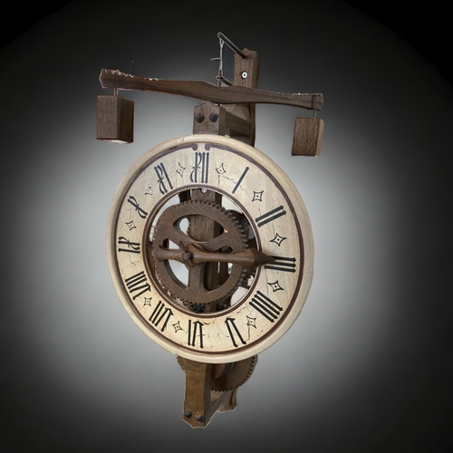 A LARGE VINTAGE SWISS WOODEN FOLIOT PENDULUM WALL CLOCK. PROBABLY