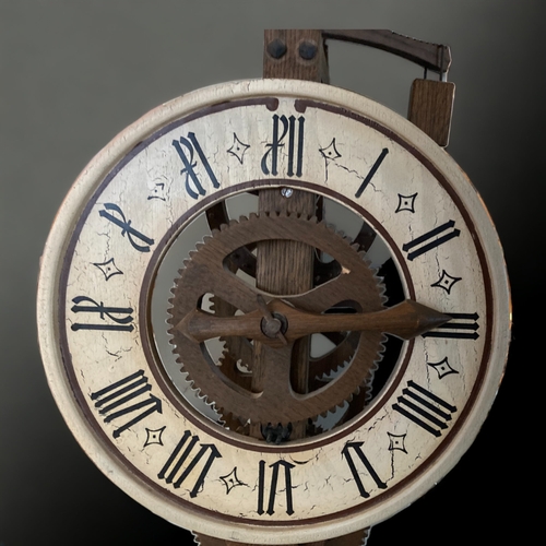 A LARGE VINTAGE SWISS WOODEN FOLIOT PENDULUM WALL CLOCK. PROBABLY