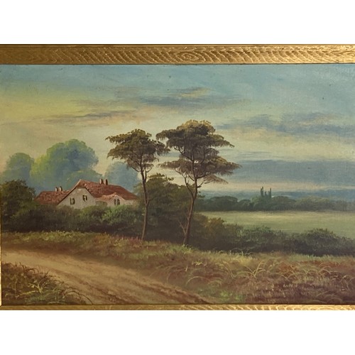 9 - AN OIL ON CANVAS COUNTRY LANDSCAPE SCENE, WITH GESSO FRAME.
85 X 65CM (INCL FRAME).