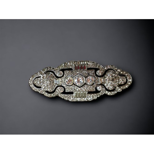 76 - A 1930'S TRIFARI 925 SILVER AND RHINESTONES DRESS BROOCH.
65MM WIDE.