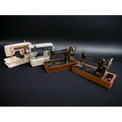 369 - THREE SINGER SEWING MACHINES 1910 66K LOTUS AND 2 OTHERS, TOGETHER WITH AN ELNA PRIMULA 410.