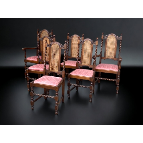 1 - A SET OF SIX VICTORIAN OAK BARLEY TWIST DINING CHAIRS. WITH TWIN BARLEY TWIST COLUMNS AND ARCHED CAN... 