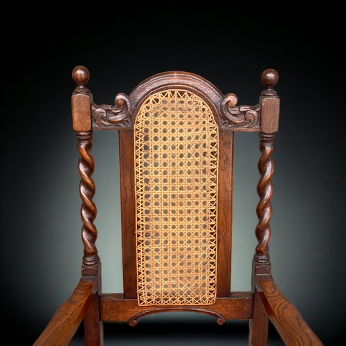 1 - A SET OF SIX VICTORIAN OAK BARLEY TWIST DINING CHAIRS. WITH TWIN BARLEY TWIST COLUMNS AND ARCHED CAN... 