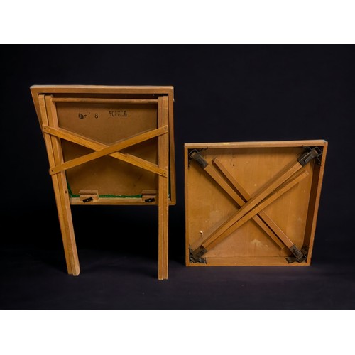 28 - TWO VINTAGE WOODEN FOLDING CARD TABLES.